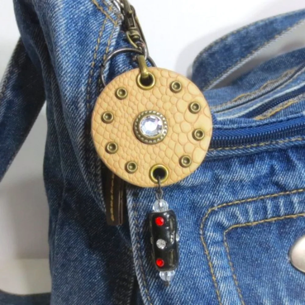 New Handmade Keychain Bag Charm Beaded Boho Faux Leather Rhinestone Swivel Clip